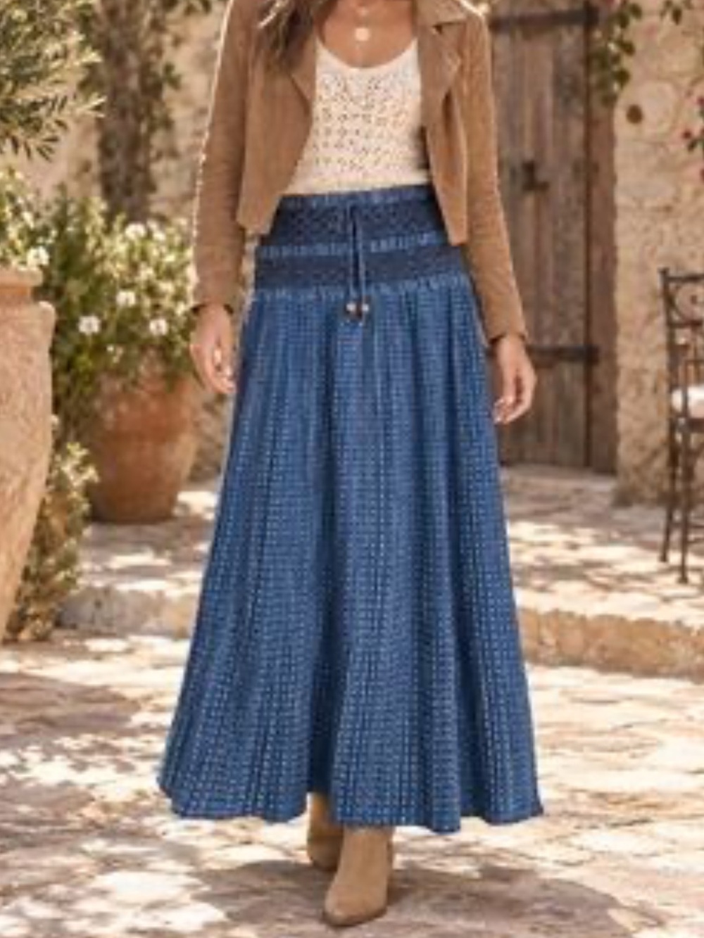 Tantrum’s Womens Denim Blue Midi Flare Skirt Textured Smocked Waist Tassels Boho